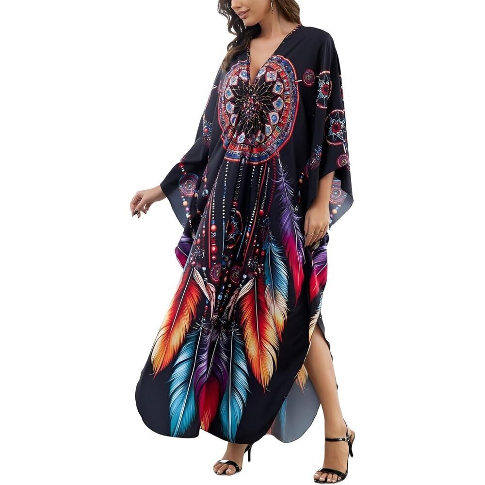 Women's Black Sleeve Kaftan Flowy Lightweight loungewear Beach Dress Caftan Maxi